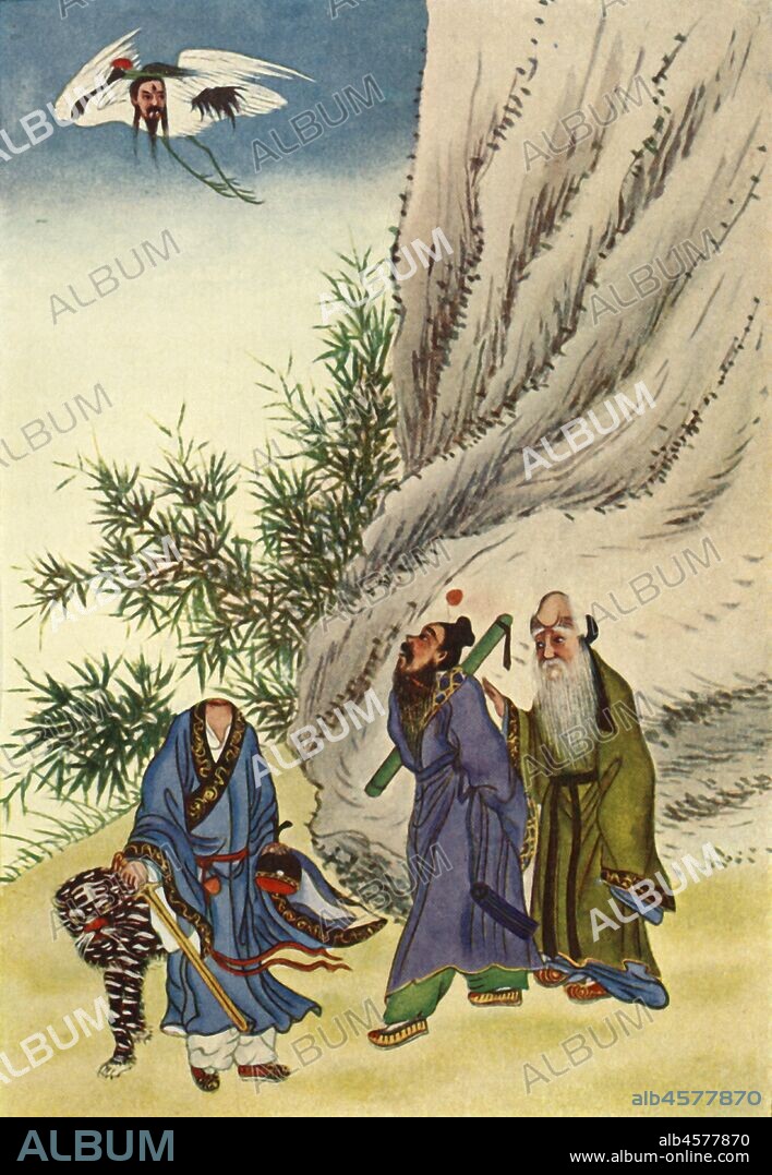 'Chiang Tzu-Ya at K'un-lun', 1922. Chiang Tzu-Ya (c11th century) Chinese noble who helped kings Wen and Wu of Zhou overthrow the Shang in ancient China, his head being taken by a white crane in the Kunlun mountains. From "Myths and Legends of China", by E. T. C. Werner. [George G. Harrap & Co. Ltd., London, Calcutta, Sydney, 1922].