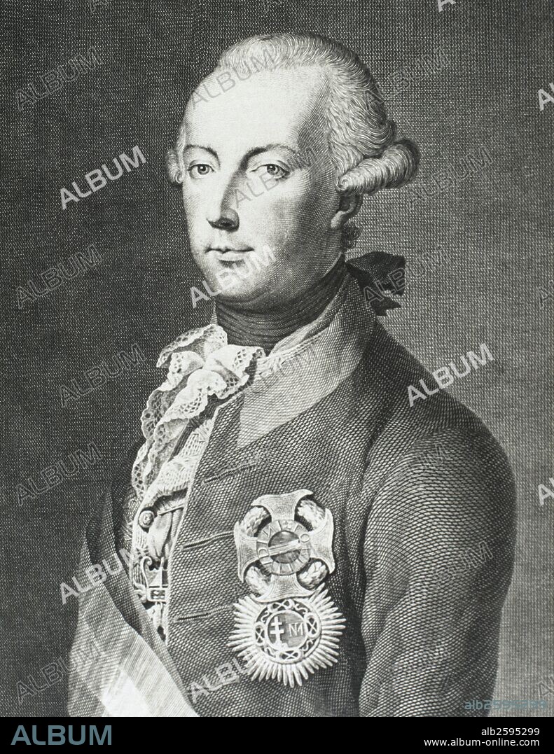 JOSE II (Viena, 1741-Viena, 1790). Emperador de Alemania (1765-1790) y corregente de los Estados de los Habsburgo (1765-1780), hijo mayor de María Teresa y Francisco I. Asumió todos los poderes en Austria a la muerte de su madre (1780). Grabado del siglo XIX.