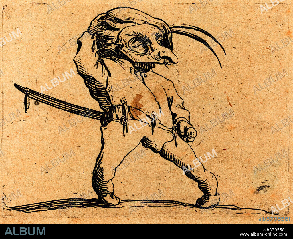 JACQUES CALLOT. Masked Man with Twisted Feet. Dated: c. 1622. Medium: etching and engraving//one of four prints on uncut sheet of Lorrainese paper (1949.5.260.a-d).