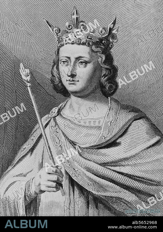 FRANCOIS AUDIBRAN. Ludwig X. (der Zänker), König von Frankreich (1314-16); 1289 - Vincennes 4.6.1316. Louis X, dit le Hutin (ou le Querelleur) ". Holzstich, 1845, von François Audibran (geb. 1810) nach Zeichnung von Octave Tassaert (1800-1874).
