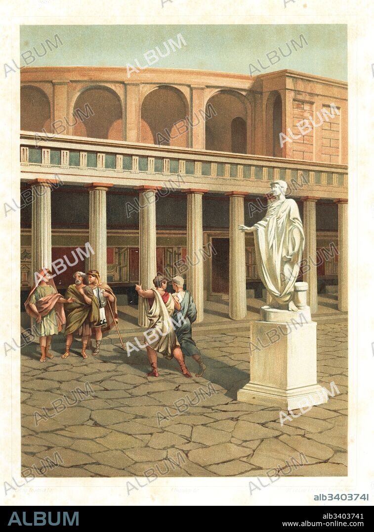 Exterior of the Small Theatre or Odeon, Pompeii VIII.7.19. Men in the street before a statue of Secundo Cemarce Patricino. Chromolithograph by Friedrich after an illustration by G. Cel from Antonio Niccolini’s Pompeii: Views and Restorations (Pompeii: Essaies et Restaurations), published by Fausto Niccolini, Naples, 1898. Antonio was grandson of the architect Antonio Niccolini Sr.