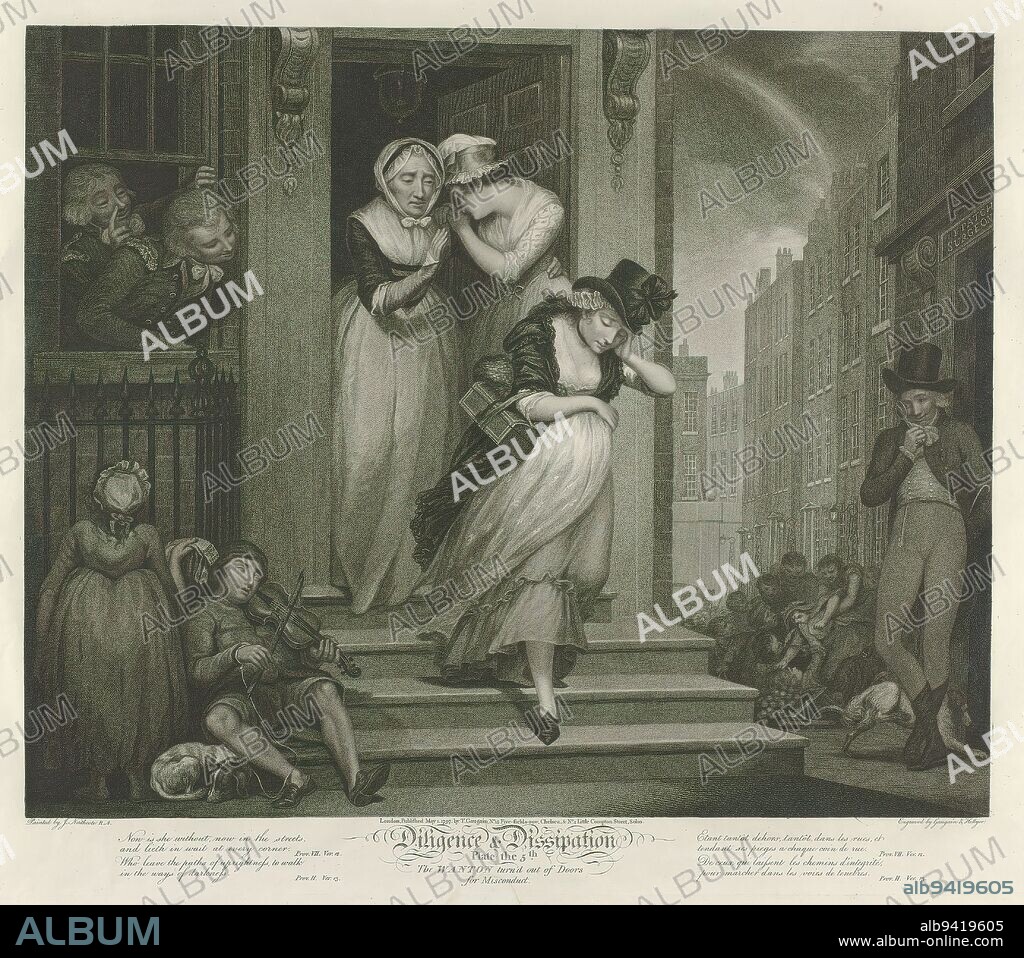 Debauched maid is evicted from the house, Plate 5. The Wanton turn'd out of Doors for Misconduct (title on object), Virtue and Debauchery (series title), Diligence & Dissipation (series title on object), The debauched maid has to leave the house, led out by the old servant and the industrious maid. On the left there is a blind street musician and a lottery ticket seller, on the right there is a brawl going on and a young man with a lorgnet. The print is part of an album., print maker: Thomas Hellyer, (mentioned on object), print maker: Thomas Gaugain, (mentioned on object), after painting by: James Northcote, (mentioned on object), London, 1-May-1796, paper, etching, height 465 mm × width 537 mm.
