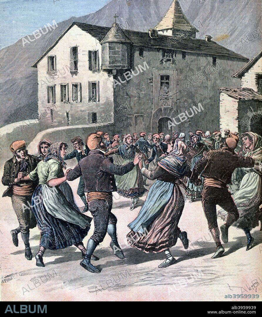 The Farandole, Andorra, 1891. The farandole is an open-chain community dance popular in the County of Nice, France. A print from the Le Petit Journal, 11th April 1891.