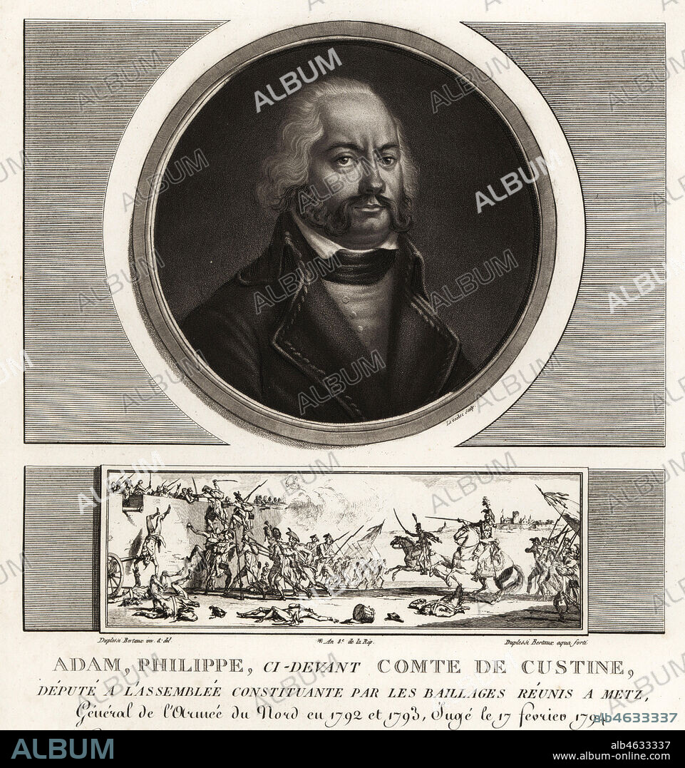 Adam Philippe, Comte de Custine, French Revolutionary general, executed for treason 1793. Vignette shows the French Revolutionary army taking the city of Mainz in 1792. Mezzotint drawn and engraved by Jean Duplessis-Bertaux from his Collection Complete de 60 Portraits des Personnages qui ont le plus Figure dans la Revolution Francaise, Auber, Pairs, 1800. Portrait engraved by Charles Francois Gabriel Levachez.