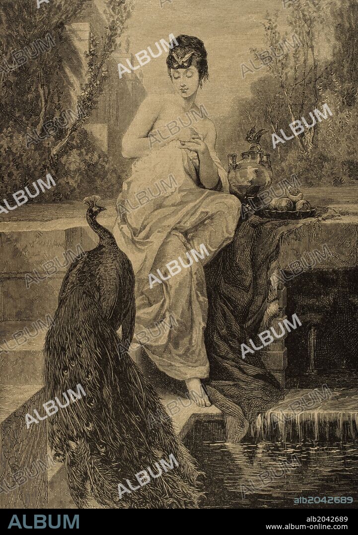 MITOLOGIA CLASICA. HELENA. La mujer más bella de Grecia. Esposa de Menelao. raptada por Paris, lo que precipitó la expedición armada de los griegos contra troya. Grabado extraído del cuadro de maignán "Helena en la Fuente". "La Ilustración Ibérica, año 1885".