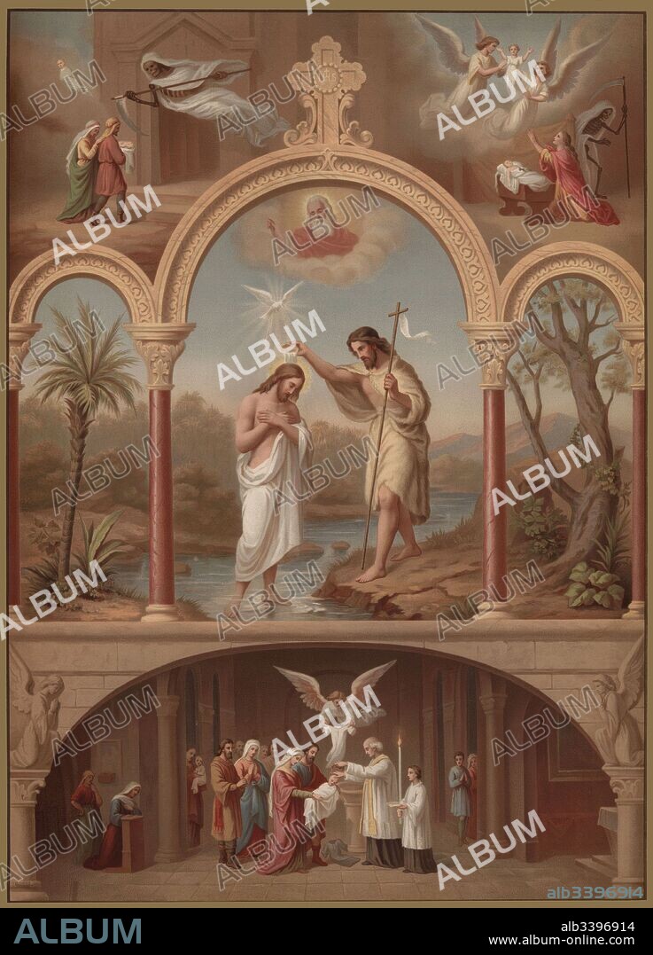 Historia Sagrada. Bautismo de Jesucristo en el río Jordán por San Juan Bautista. Escena de una ceremonia de bautismo. Cromolitografía francesa del siglo XIX.
