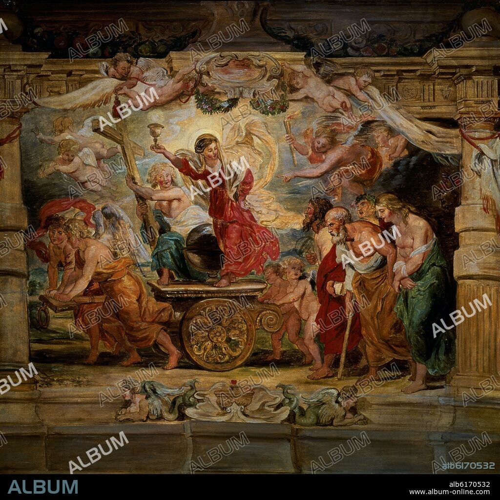 PETER PAUL RUBENS (copia). TRIUNFO DE LA EUCARISTIA SOBRE LA FILOSOFIA, LAS CIENCIAS Y LA NATURALEZA - SIGLO XVII - OLEO/TABLA - 86x 91 - NP 1701.