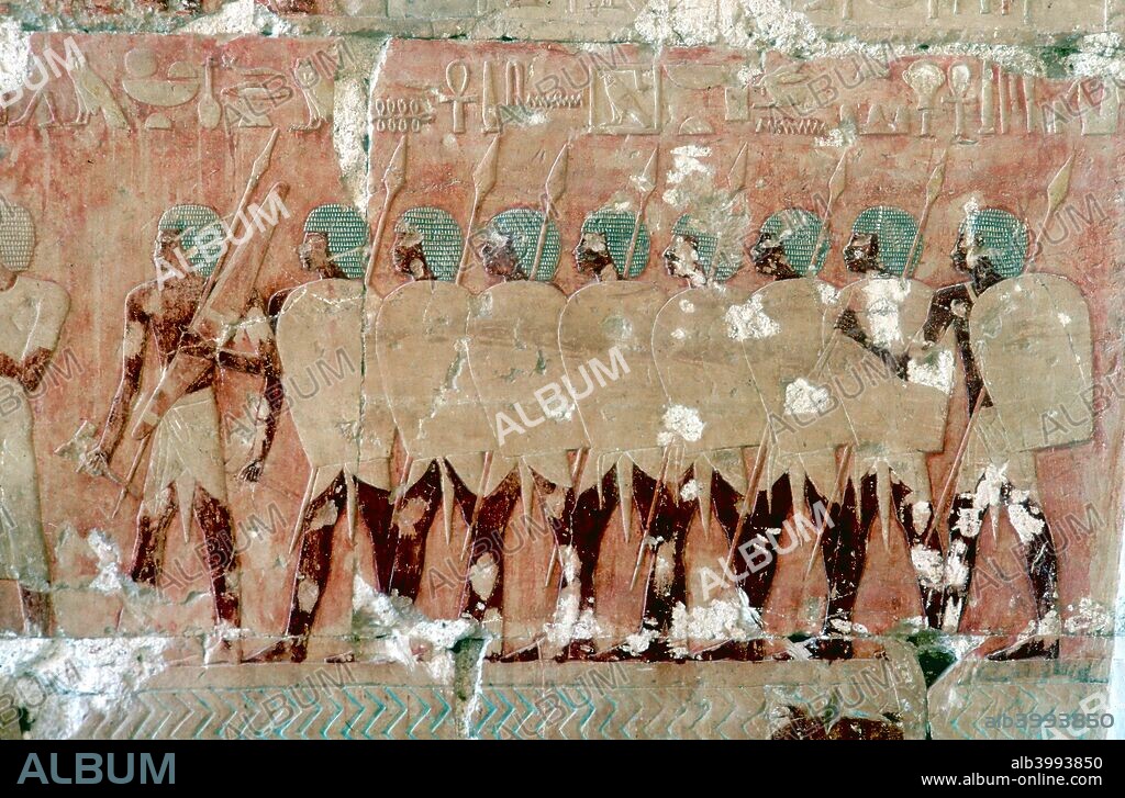 Wall painting of Egyptian soldiers on the expedition to the Land of Punt, Temple of Queen Hatshepsut, Luxor, Egypt, c1470 BC. Queen Hatshepsut reigned between 1479 BC and 1457 BC.