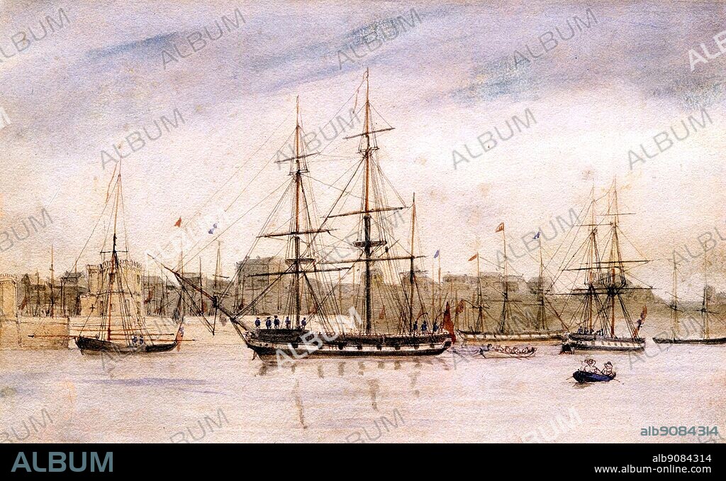 HMS Beagle in Sydney harbour 1841.The ship which Charles Darwin (1809-1882) joined as naturalist for the exploration of the South American coast in 1831-1836. From an 1841 watercolour by Owen Stanley (1811-1850).