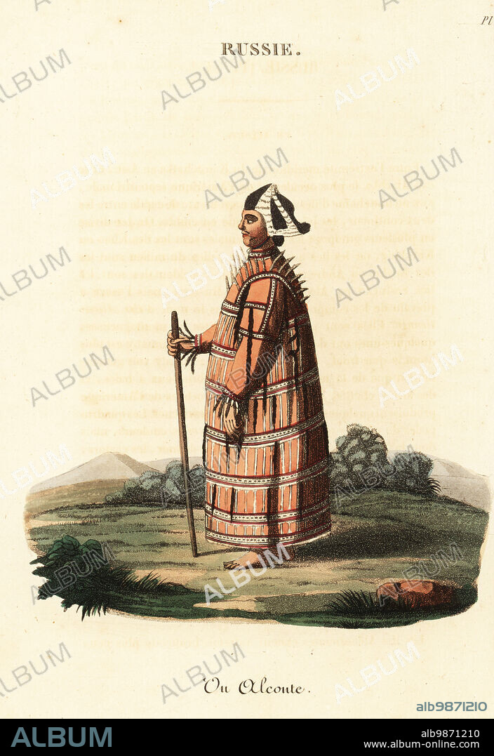 Aleut or Unangan man of Kamchatka, 18th century. In highly ornamented parka or sax coat made of bird skins and sea-otter fur. Aleutian, Un Aleoute. Handcoloured copperplate engraving after an illustration by Johann Gottlieb Georgi from J-B. Eyries La Russie: Costumes, Moeurs et Usages des Russes, Russia: Costumes, Manners and Mores of the Russians, Librairie de Gide Fils, Paris, 1823. Jean-Baptiste Eyries (1767-1846) was a French geographer, author and translator.