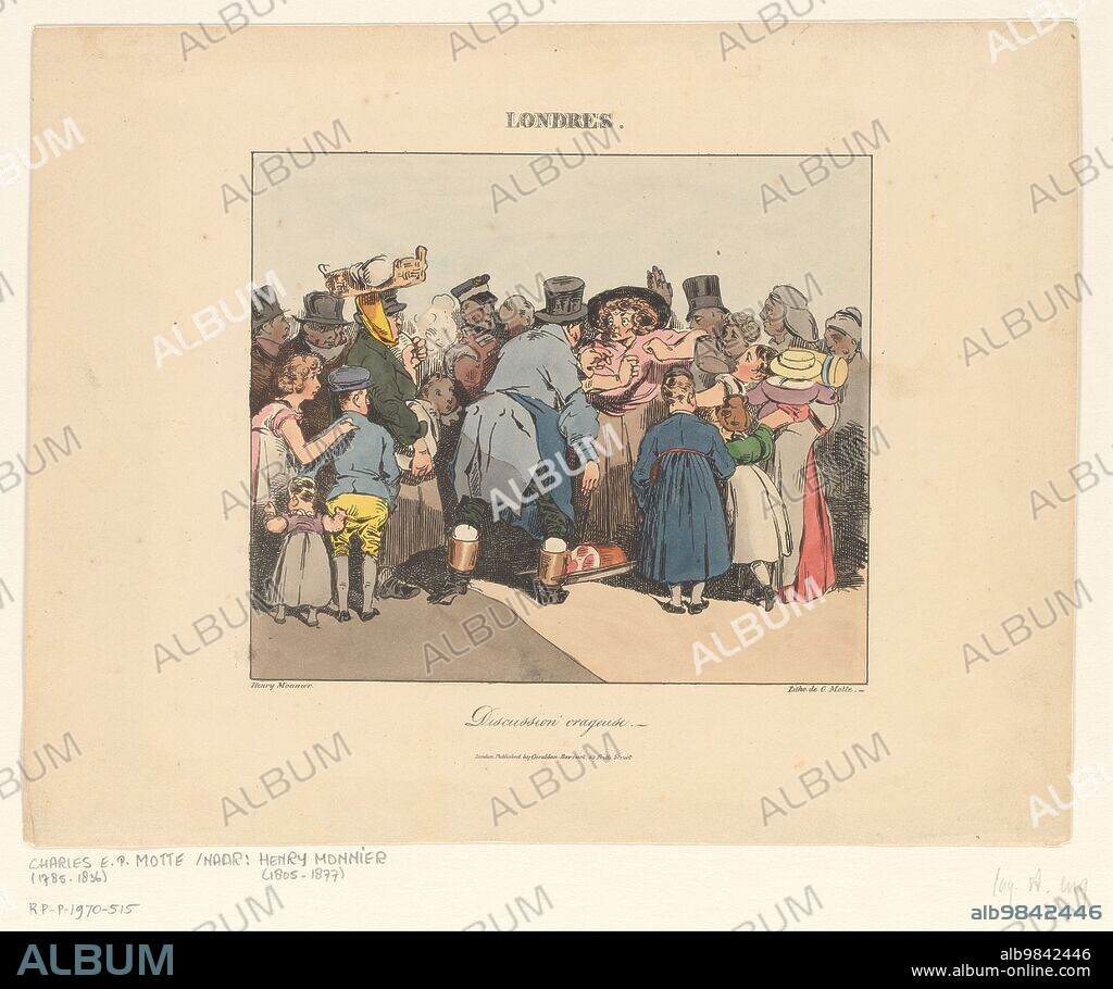 HENRY BONAVENTURE MONNIER. Street quarrel in London, 1826. 'Londres / Discussion Orageuse'. 'Stormy discussion' between a man and a woman with bystanders. Print no. 6 in a series of seven meetings in Paris and London.