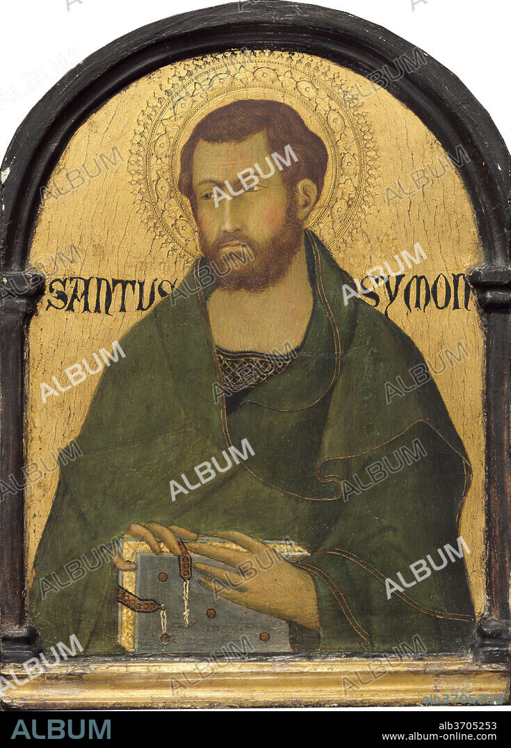 SIMONE MARTINI. Saint Simon. Dated: c. 1315/1320. Dimensions: painted surface: 26.2 x 19.7 cm (10 5/16 x 7 3/4 in.)  overall: 30.7 x 23.5 cm (12 1/16 x 9 1/4 in.)  framed: 44.4 x 60 cm (17 1/2 x 23 5/8 in.). Medium: tempera on panel.