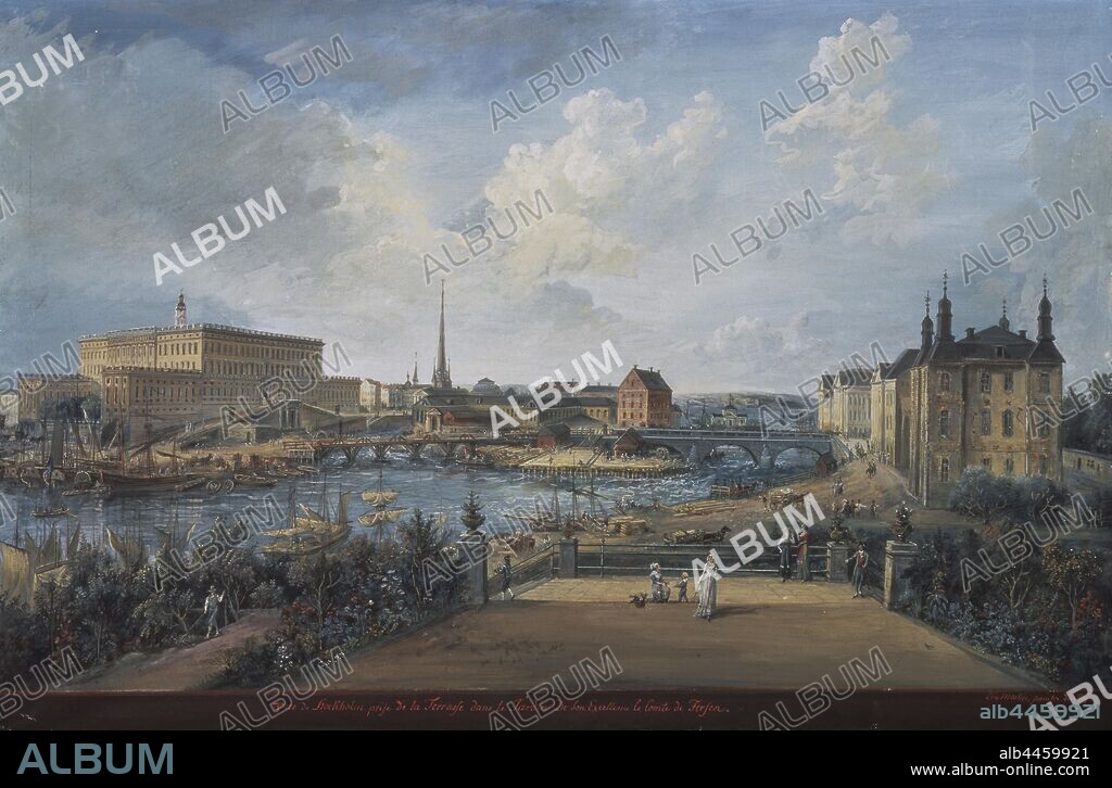 Elias Martin, View of Stockholm, Stockholm view, View from the Persian terrace with Makalös, painting, Gouache on paper, Height, 51 cm (20 inches), Width, 77.5 cm (30.5 inches), Inscription, Vue de Stockholm praise de la Terrasse dans le le, Garden Son Excellence le Comte de Fersen signed, Elie Martin, paintre du Roi.
