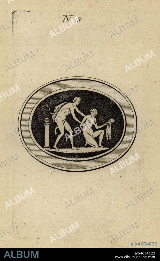 Roman god Priapus with an erection assaulting a reluctant Bacchante. Un faune et une bacchante. Copperplate engraving from Pierre-Francois dHarcanvilles Monumens du Culte Secret des Dames Romaines, Sabellus, Capri (Monuments to the Secret Cult of Roman Women, Leclerc, Nancy) 1780. Based on imaginary Spintria, medals and cameos.