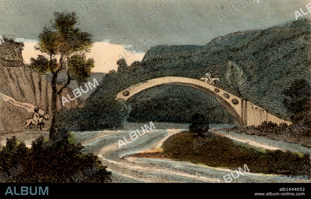 Bridge over the River Taff at Pontypridd, Wales, built by William Edwards at his third attempt in 1755. A bridge with a single span of 140 ft (42.672m) 35 ft (10.558 m) high. The first bridge was destroyed by floods. The second sprung because of its weight. Weight was reduced in the third bridge by the holes on either side. From "Scenes in England" by the Rev. Isaac Taylor, London, 1822. Hand-coloured engraving. (Photo by: Universal History Archive/UIG via Getty Images).