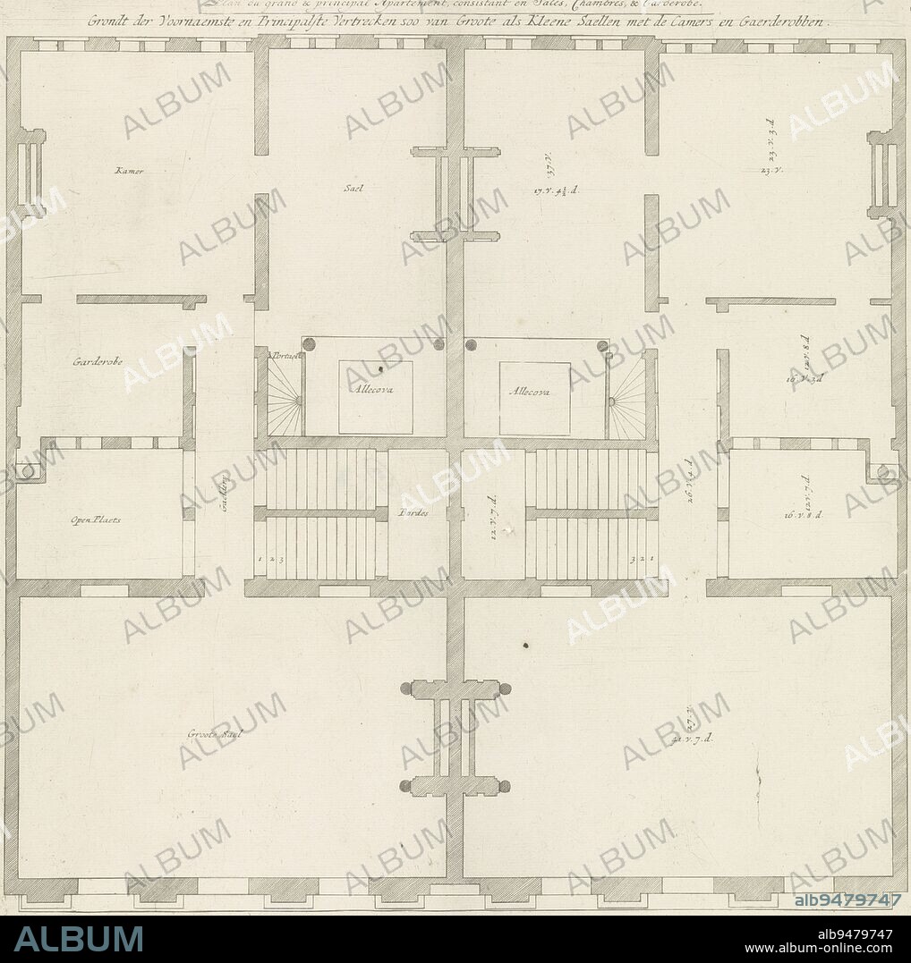 Ground floor plan of the Trippenhuis in Amsterdam, Johannes Vinckboons, after Justus Vinckboons, 1664, Ground floor plan of the Trippenhuis in Amsterdam., print maker: Johannes Vinckboons, Justus Vinckboons, (mentioned on object), Amsterdam, 1664, paper, etching, h 400 mm × w 390 mm.