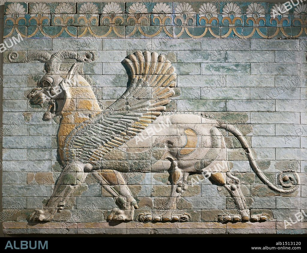 Persian civilization, Achaemenid period, 5th century b.C. Frieze depicting griffin of glazed brick. From the Palace of Darius I at Susa, Iran. Detail.