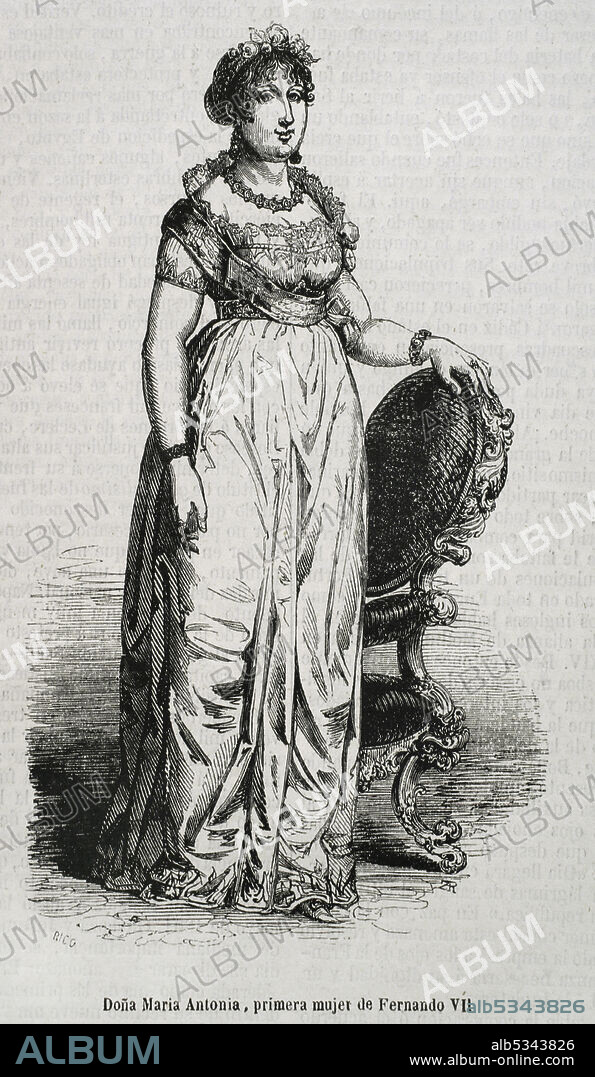 BERNARDO RICO (1825-1894). SPANISH PAINTER AND ENGRAVER.. Maria Antonia of Naples and Sicily (1784-1806). Princess of Asturias as the first wife of Ferdinand, Prince of Asturias (future King Ferdinand VII of Spain). Engraving by Rico. Historia General de España by Father Mariana. Madrid, 1853.