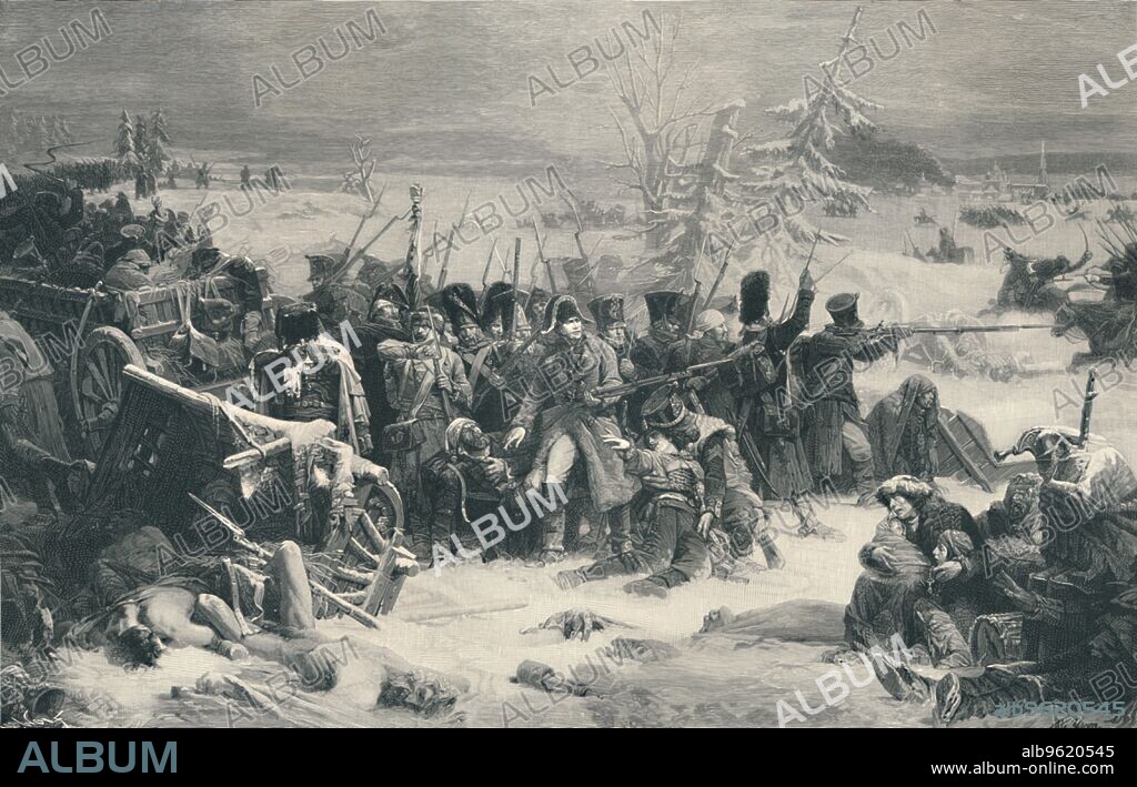 HENRY WOLF. 'Marshal Ney Sustaining The Rear-Guard of the Grand Army', 1812, (1896).  French forces under Marshal Michel Ney (1769-1815) fighting to defend the bridge at Kovno (modern-day Kaunas), where legend portrays Ney as the last of the invaders to cross the bridge and exit Russia. Engraving after the painting by Adolphe Yvon. From Life of Napoleon Bonaparte, Volume IV, by William Milligan Sloane. [The Century Co., New York, 1896].