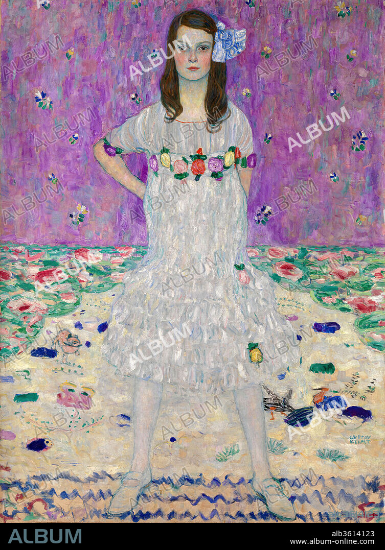 Mäda Primavesi (1903-2000). Artist: Gustav Klimt (Austrian, Baumgarten 1862-1918 Vienna). Dimensions: 59 x 43 1/2 in. (149.9 x 110.5 cm). Date: 1912-13.
Mäda Primavesi's expression and posture convey a remarkable degree of confidence for a nine-year-old girl, even one who was, by her own account, willful and a tomboy. Klimt made numerous preliminary sketches for this portrait, experimenting with different poses, outfits, and backgrounds before deciding to show Mäda standing tall in a specially-made dress amid a profusion of springlike patterns. The picture testifies to the sophisticated taste of her parents, banker and industrialist Otto Primavesi and his wife Eugenia, who were ardent supporters of progressive Viennese art and design. In fact, Klimt soon painted Eugenia's portrait (Toyota Municipal Museum of Art, Japan).