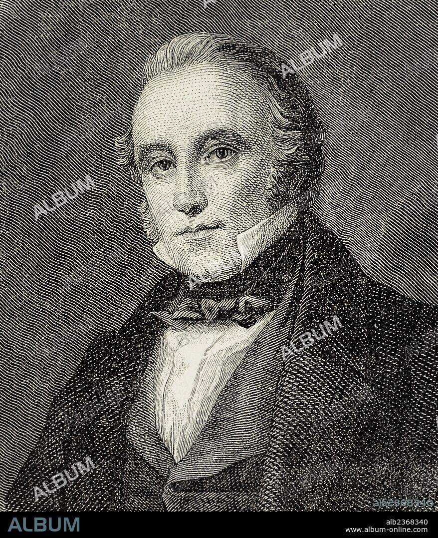 Thomas Babington (o Babbington) Macaulay (1800-1859), primer Barón Macaulay. Poeta, historiador y político del partido whig británico. Grabado en cobre de F. Knolle. Historia Universal, 1885.