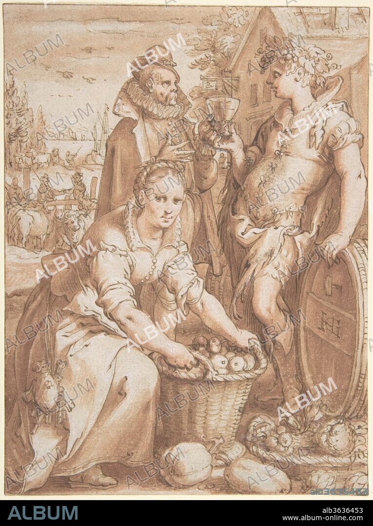 Autumn; Study for an Engraving. Artist: Hendrick Goltzius (Netherlandish, Mühlbracht 1558-1617 Haarlem). Dimensions: 7 5/8 x 5 11/16 in.  (19.4 x 14.4 cm). Date: n.d..
This is the preliminary drawing for the third print in the series of seasons which Goltzius published around 1594. The strong pen and ink outlines and the tonal values indicated with wash were meant to guide the engraver, who was expected to translate the washes into patterns of burin lines. Jan Saenredam, who worked for Goltzius from around 1589 to 1601, was most likely the engraver of the print.
Autumn is represented here by figures dressed in sixteenth-century garb. The wreath of vines on the head of the boy on the right, and the pointed ear of the man in the center (which is more pronounced in the final print), indicate that they are Bacchus, the ancient god of wine, and a satyr.