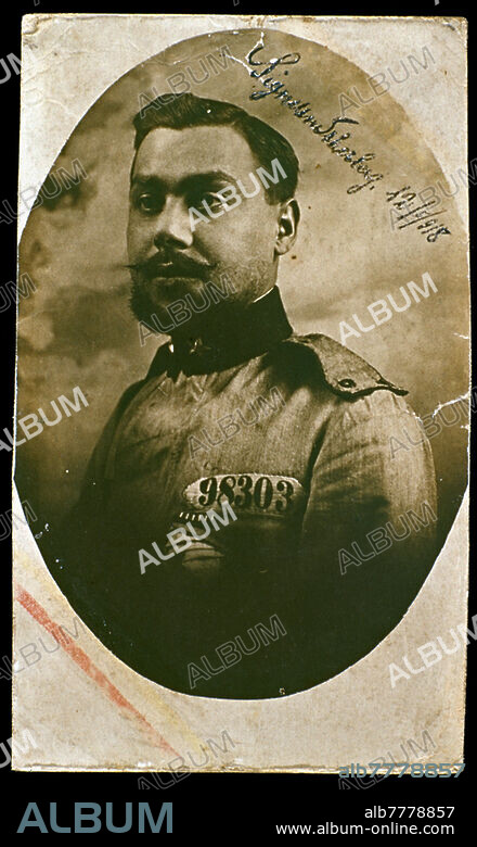 MILITARY portrait of an Italian officer prisoner in Austria during the First World War, with the number 98303. Sigmundsherberg, 12 May 1918.