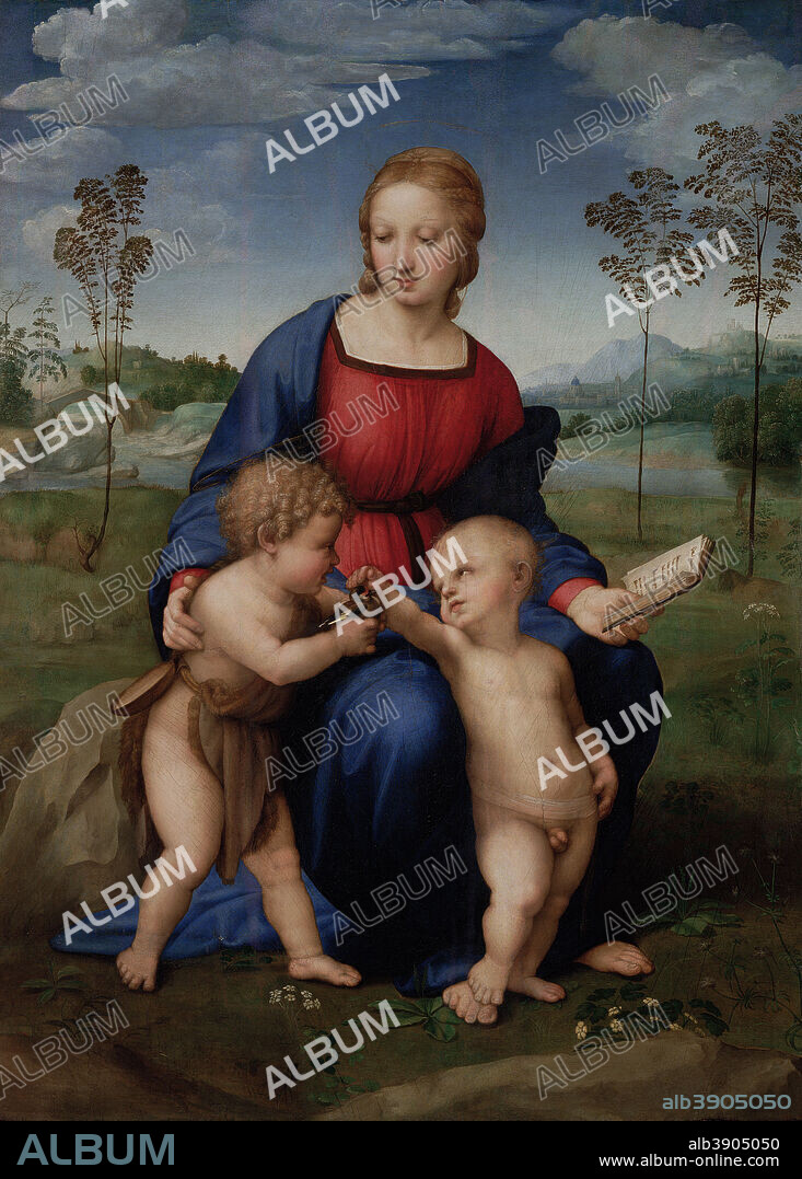 RAPHAEL. Madonna del Cardellino / Madonna of the Goldfinch La Vierge au chardonneret (en italien : Madonna del Cardellino), représentant Marie, Jean le Baptiste et l'enfant Jésus. Date/Period: From 1505 until 1506. Painting. Oil on panel. Height: 107 cm (42.1 in); Width: 77 cm (30.3 in).