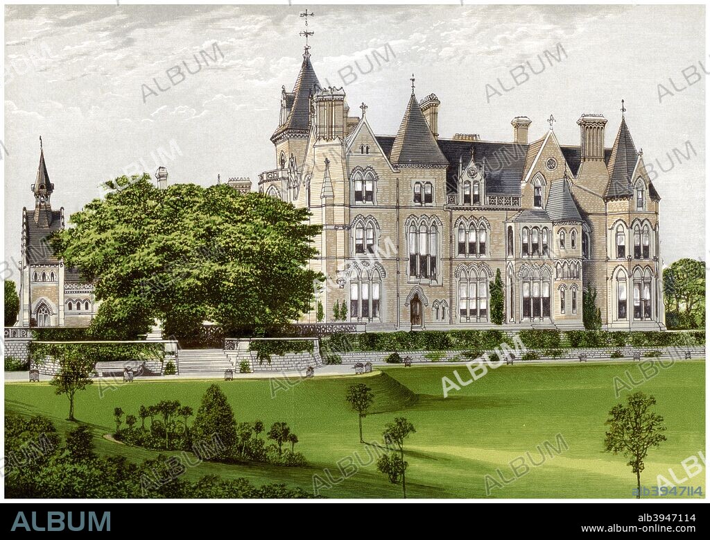 Bestwood Lodge, Nottinghamshire, home of the Duke of St Albans, c1880. The Gothic style Bestwood Lodge was designed by Samuel Saunders Teulon for the Tenth Duke in 1862-1865. A print from A Series of Picturesque Views of Seats of the Noblemen and Gentlemen of Great Britain and Ireland, edited by Reverend FO Morris, Volume III, William Mackenzie, London, c1880. Wood-engraved plates after paintings by Benjamin Fawcett and Alexander Francis Lydon.