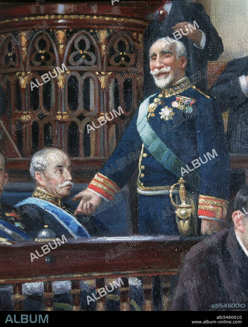 ASTERIO MAÑANOS MARTINEZ. MAURA , ANTONIO. POLITICO ESPÀÑOL. PALMA DE MALLORCA 1853 - 1925. DETALLE DEL CUADRO " PRESENTACION DEL GOBIERNO NACIONAL ". OLEO DE ASTERIO MAÑANOS.. MAURA DE PIE JUNTO A EDUARDO DATO ( SENTADO ). PALACIO DEL SENADO . MADRID.