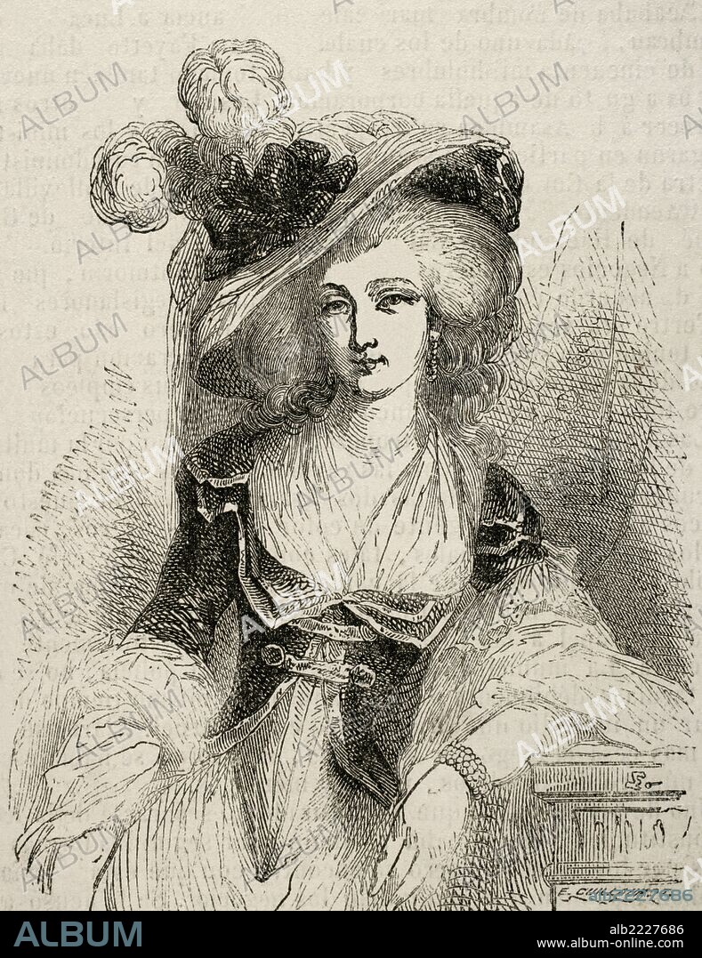 María Teresa Luisa de Saboya, princesa de Lamballe, (1749-1792) Aristócrata francesa, perteneciente a la Casa de Saboya por nacimiento, y a la Casa de Borbón por matrimonio. Princesa de Lamballe, Saboya y Carignano, ostentó desde la cuna el tratamiento de Su Alteza Serenísima. Amiga personal de la reina María Antonieta. Muerta durante las matanzas de septiembre del 1792. Grabado.