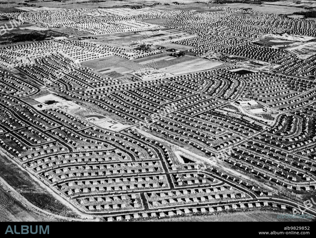 Levittown, New York c 1949, An aerial view of the suburban housing development built on Long Island after World War II.