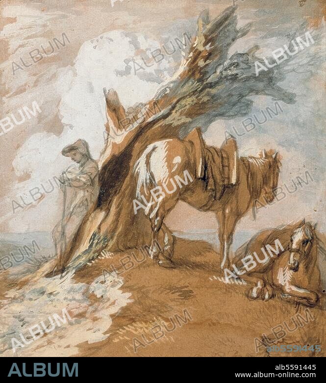 THOMAS GAINSBOROUGH. Gainsborough, Thomas 1727-1788. "Paysage ouvert avec garçon de ferme et chevaux". Lavis gris et gouaches sur papier brun. Londres, Sotheby's. Lot 97, 16.07.92.