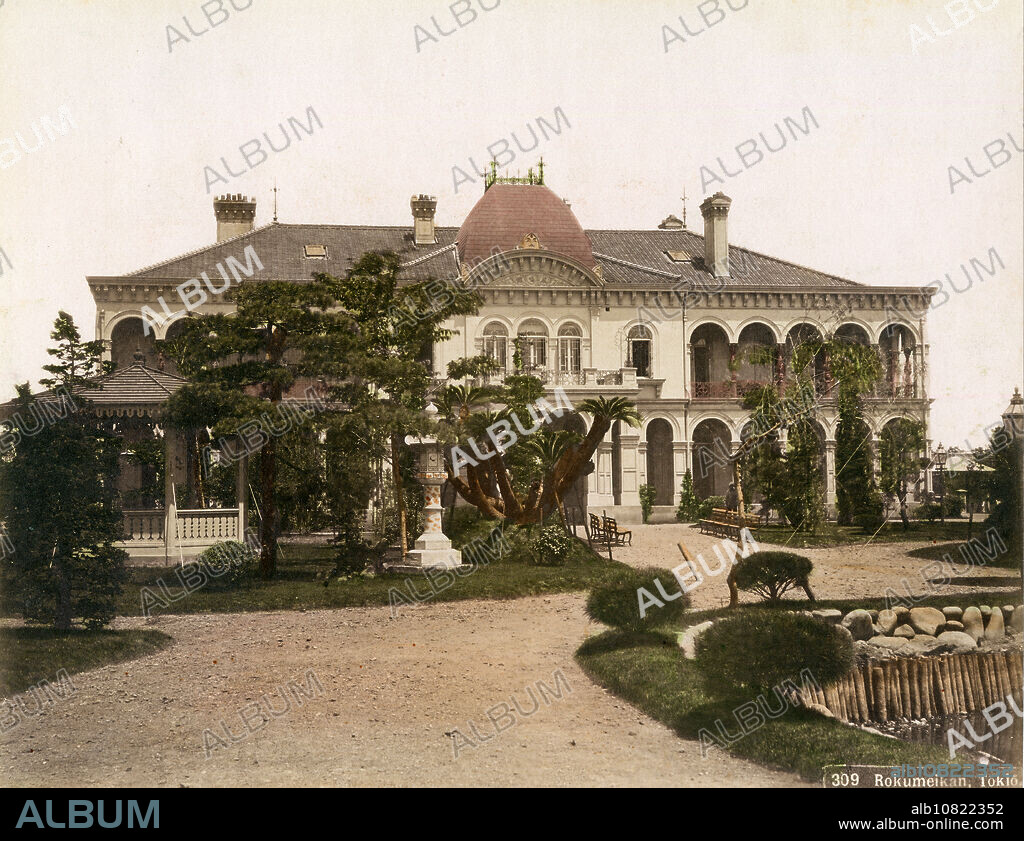 [ 1890s Japan - Rokumeikan, Tokyo ] Rokumeikan () in Hibiya, Tokyo. Commissioned by Foreign Minister Kaoru Inoue ( , 1836-1915) and designed by British architect Josiah Conder (, 1852-1920), the Rokumeikan was completed in 1883 (Meiji 16). The buildings aim was to help introduce Western customs, and to function as accommodation for government guests. The Rokumeikan lost its need when the Imperial Hotel was opened in 1890 (Meiji 23). It was demolished in 1941 (Showa 16). 19th century vintage albumen photograph.