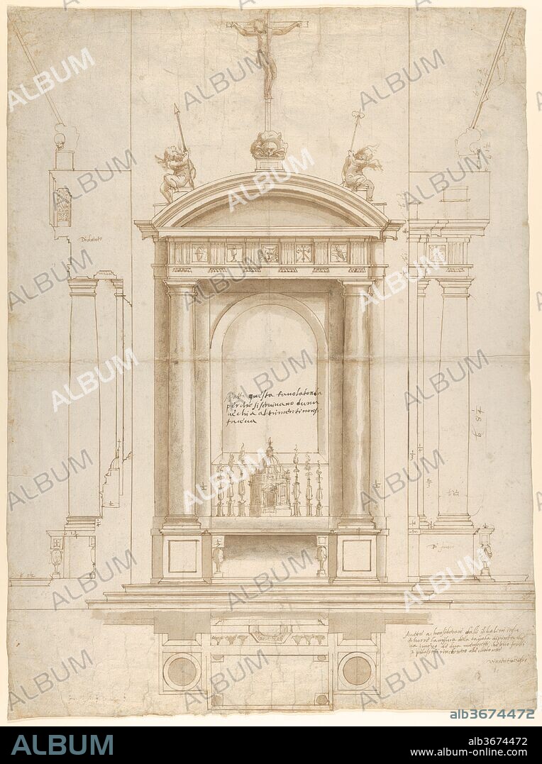 Design for an Altar Surmounted by a Crucifix in Four Different Views. Artist: Vincenzo de' Rossi (Italian, Fiesole 1525-1587 Florence). Dimensions: Sheet: 22 9/16 x 16 3/4 in. (57.3 x 42.6 cm). Former Attribution: Anonymous, Italian, Florentine, 16th century. Date: 1546-47.
While principally known as a sculptor today, early written sources suggest that Vincenzo de' Rossi (1525-1587), the successful pupil of Baccio Bandinelli (1488-1560), also had a career as an architect. This newly discovered drawing by the artist, acquired by The Metropolitan Museum of Art in 2013 as an anonymous Florentine design, more satisfactorily substantiates the references found in the sixteenth-century sources (Vasari 1568, and Borghini 1584) and sheds new light on Vincenzo's activities as a draftsman and architect. The sheet, which depicts a comprehensive design for an altar and is inscribed and signed by the artist at bottom right "Vincentio Rossi", can be considered the first genuine architectural drawing by his hand to surface. It is almost certainly connected to an early and prestigious commission for the altar of the Confraternita dei Virtuosi in the Pantheon, Rome, commissioned from the artist in 1546.
(Femke Speelberg and Furio Rinaldi, 2014).