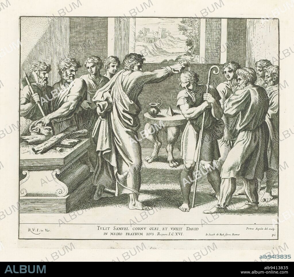 Samuel anoints David, Raphael Bible (series title), Paintings in Raphael's Loggia (series title), Imagines Veteris ac Novi Testamenti (series title), View into a room where Samuel anoints David. Behind Samuel are four figures and behind David are another four figures. In the foreground on the left an altar. Bible verse below the image. Print is part of an album., print maker: Pietro Aquila, (mentioned on object), after drawing by: Pietro Aquila, (mentioned on object), after painting by: Rafaël, (mentioned on object), print maker: Italy, after drawing by: Italy, after painting by: Vaticaanstad, publisher: Rome, Vaticaanstad, 1675, paper, etching, height 254 mm × width 285 mm.
