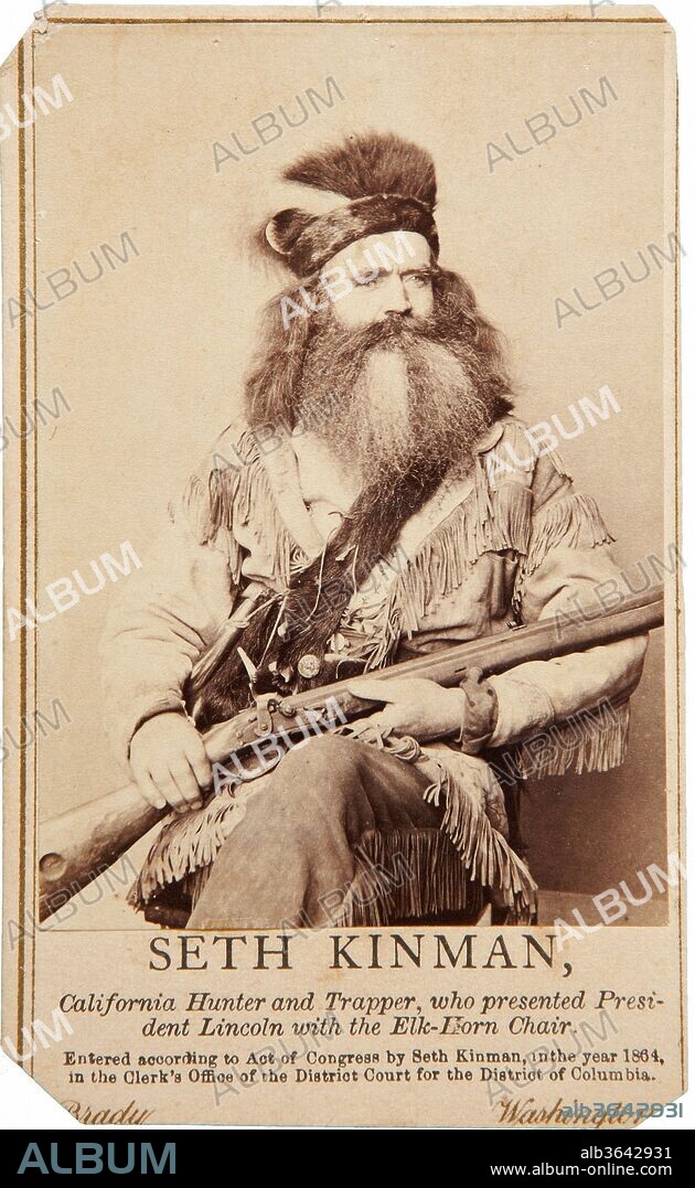California Mountain Man. - "Seth Kinman, California Hunter And Trapper, Who Presented President Lincoln With The Elk-Horn Chair." Shown In Buckskins, Beaver Hat, Fur Bandolier, Clutching A Flintlock Rifle In His Lap. Kinman Later Gave President Johnson A Chair Made Of Bear Fur And Claws., Matthew Brady, 1864.