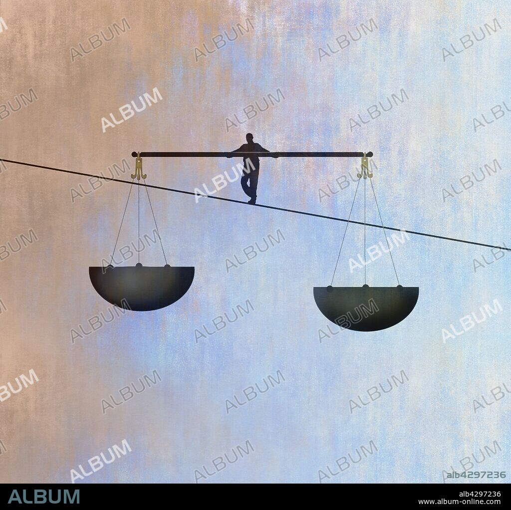 Man walking tightrope using scales of justice as pole.