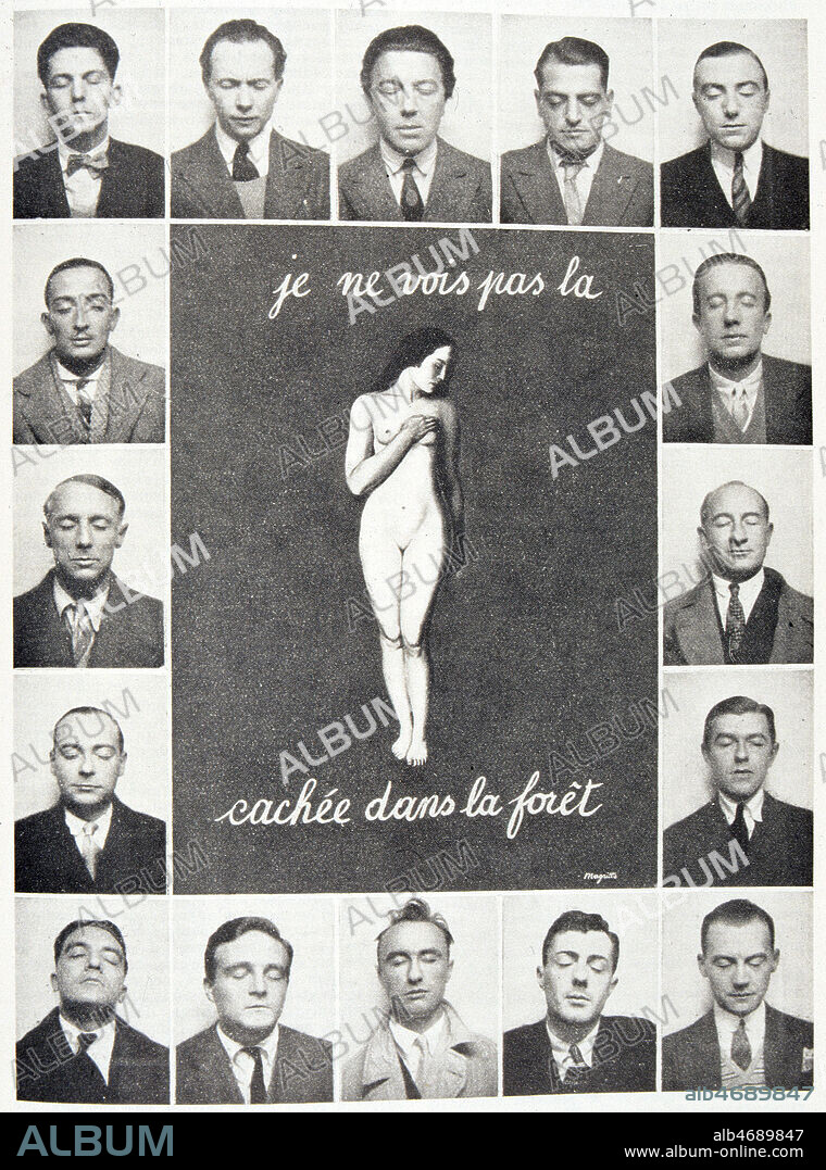 'Je ne vois pas la femme cachee dans la foret'. Montage de photos d'identites des membres du groupe surrealiste, les yeux fermes, autour d'une femme nue dessinee par MAGRITTE (1898-1967 = ADAGP). Photomontage publie dans la revue 'La revolution surrealiste' du 15/12/1929. Credit : JEAN VIGNE / KHARBINE-TAPABOR.
