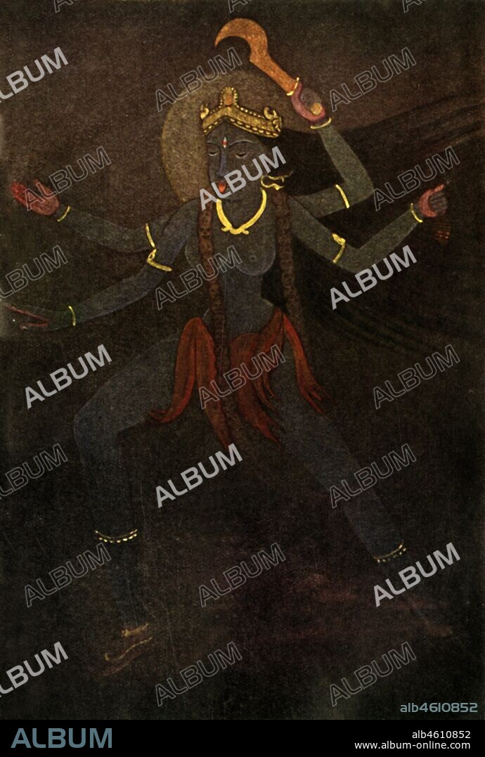 'Kali', 1920.  Hindu goddess Kali  destroyer of evil and the most powerful form of Shakti, divine protector who bestows moksha, or liberation, often portrayed standing or dancing on her consort, the Hindu god Shiva. From "Myths of the Hindus & Buddhists", by The Sister Nivedita and Ananda K. Coomaraswamy. [George G. Harrap & Company Ltd, London, 1920].