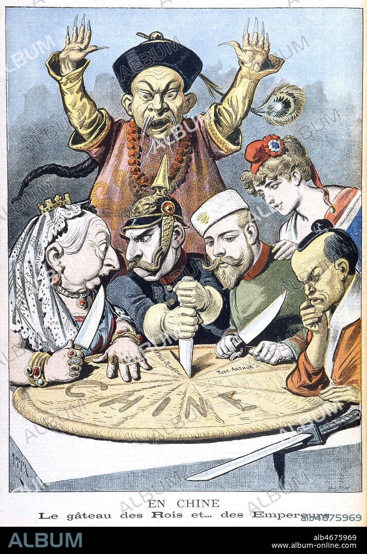 la CHINE affaiblie par la domination de grandes puissances etrangeres qui s'octroient des concessions sur leur territoire 'En CHINE... le gateau des rois et des empereurs' L'Angleterre, l'Allemagne et la Russie se partagent la CHINE pendant que le Japon et la France regardent. 4eme de couverture du Petit Journal 16 janvier 1898, Caricature d'Henri Meyer. 19eme siecle. Credit Collection Kharbine Tapabor.