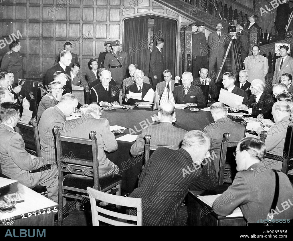 Stalin, Churchill, Attlee, Truman, and others at the Potsdam Conference, Germany, 19 Jul 1945 during world war two.