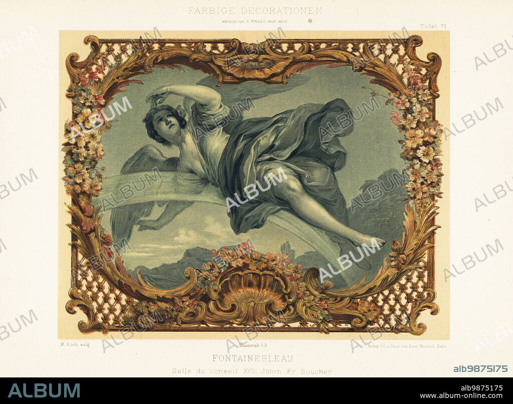 Ceiling panel painted by Francois Boucher in the Council Chamber, Palace of Fontainebleau, 18th century. Salle du conseil, XVIII Jahrh. Fr. Boucher. Chateau de Fontainebleau. Chromolithograph by M. Koch from Ernst Ewalds Farbige decorationen, alter und never Zeit (Color decoration, ancient and new eras), Ernst Wasmuth, Berlin, 1889.