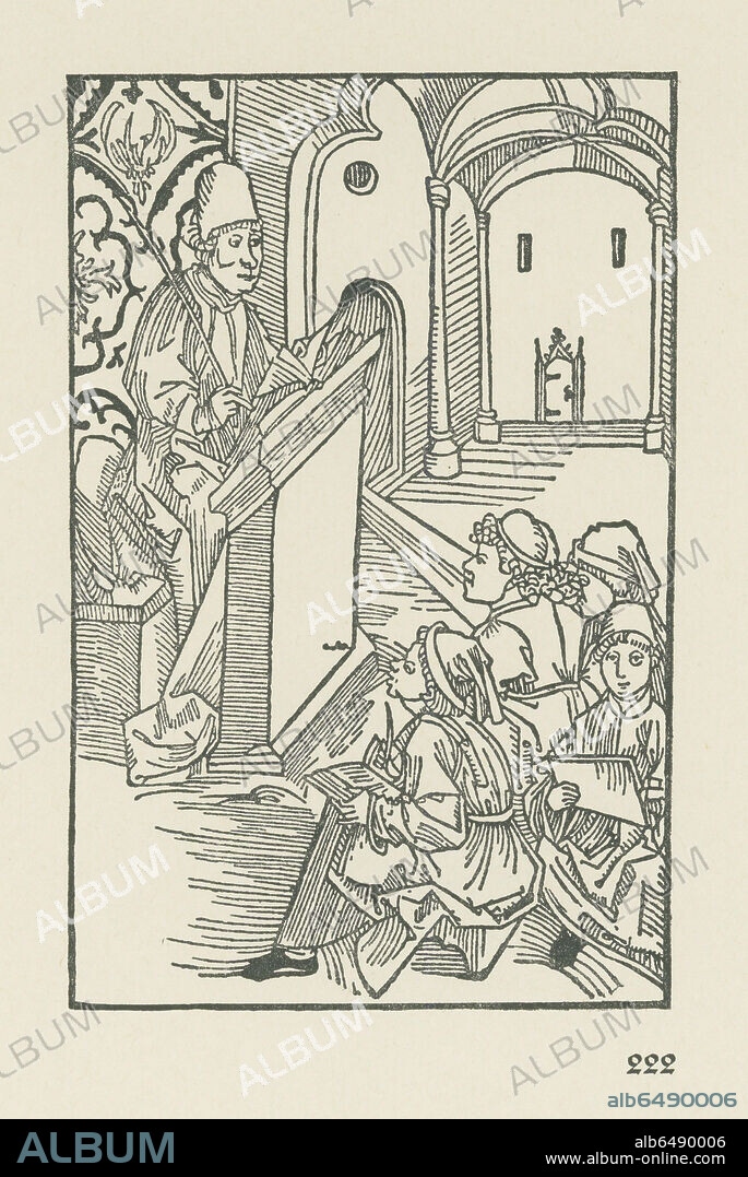 ALBRECHT DÜRER. A teacher with four scholars. Illustration to Alexander Gallus: "Prima Pars doctrinalis". Published by Friedrich Creussner, Nuremberg, 1491. Woodcut.
