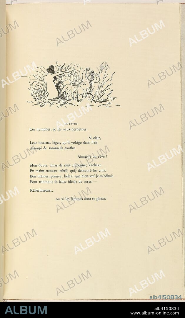 EDOUARD MANET. L'après-midi d'un faune. Édouard Manet (French, 1832-1883); poetry by Stéphane Mallarmé (French, 1842-1898); published by Alphonse Derenne (French, born 1836); bookbinding by Jacques Anthoine Legrain (French, born 1907). Date: 1876. Dimensions: 288 × 200 × 14 mm (book, closed); 288 × 403 × 15 mm (book, open); 292 × 202 × 14 mm (slipcase). Book with four wood engravings in black on various laid and wove papers, two handcolored with pink wash, rebound and housed in slipcase. Origin: France.