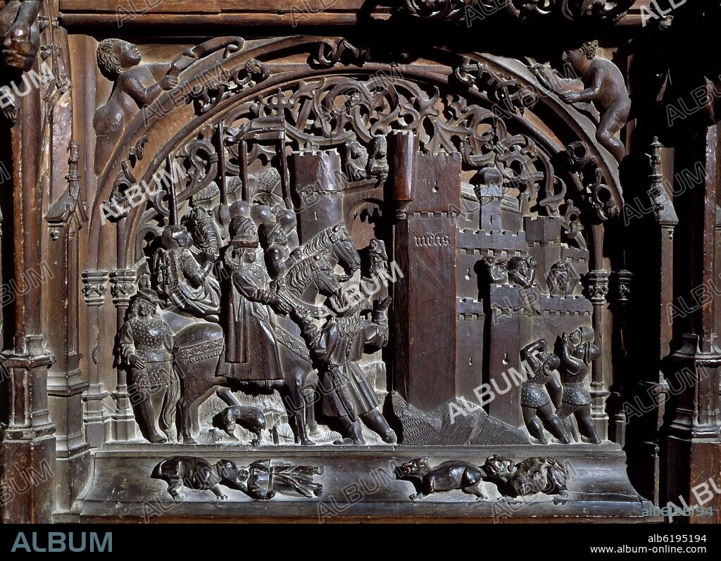 RODRIGO ALEMÁN. SILLERIA BAJA DE LA CATEDRAL DE TOLEDO - TOMA DEL REINO DE GRANADA - MELIS - 1489-1495 - GOTICO ESPAÑOL.