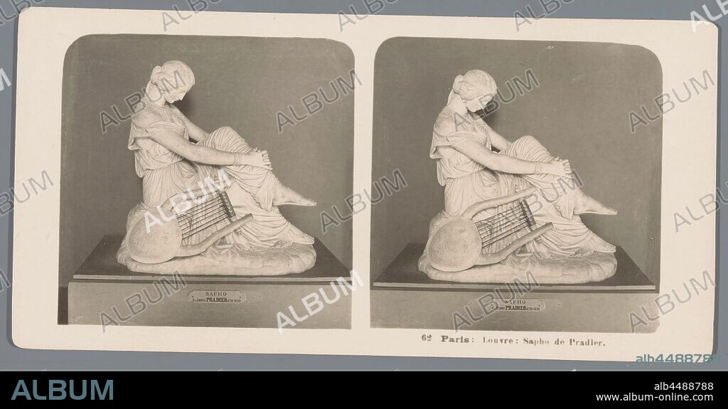 Sculpture of James Pradier at the Musée du Louvre in Paris, presenting Sappho with a kithara Paris: Louvre: Sapho de Pradier (title on object), (story of) Sappho, the poetess, lyre, cithara, psaltery, sitting figure - AA - female human figure, sculpture, Neue Photographische Gesellschaft (mentioned on object), Musée du Louvre, 1903, cardboard, photographic paper, gelatin silver print, h 88 mm × w 179 mm.