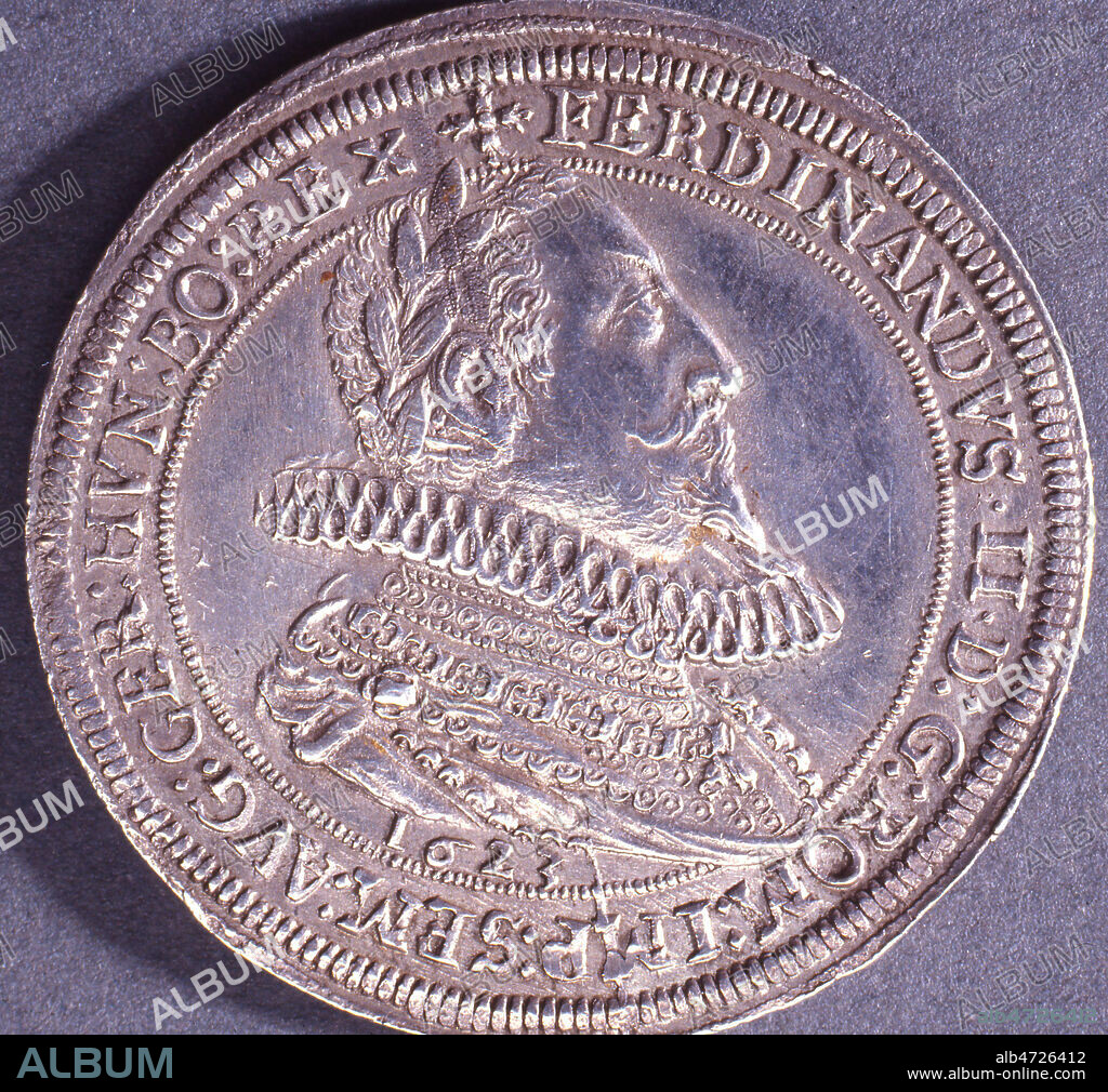 Ferdinand II de Habsbourg (1578-1637) archiduc d'Autriche, roi de Boheme, Hongrie, Empereur du Saint Empire Germanique. Piece de Monnaie. Photographie Bernard DUPONT. Credit : B. DUPONT/KHARBINE TAPABOR.
