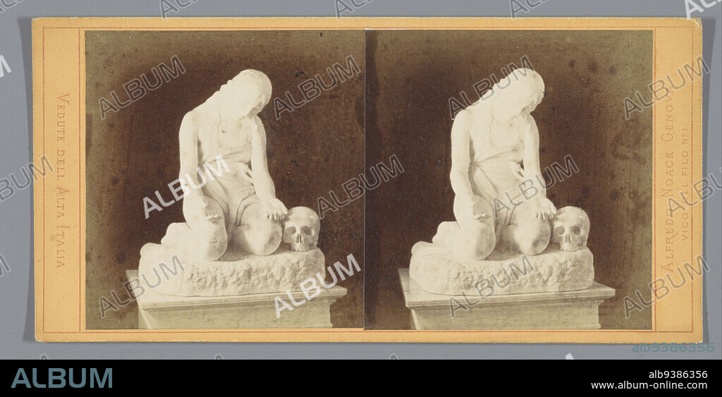 Statue of the Penitent Magdalene, a copy after the sculpture by Antonio Canova, in the Villa Carlotta, Madalena di Canova nella Villa Carlotta, Lago di Como (title on object), Vedute dell Alta Italia (series title on object), Alfredo Noack (mentioned on object), Antonio Canova, Tremezzo, 1858 - 1893, cardboard, paper, albumen print, height 85 mm × width 176 mm.