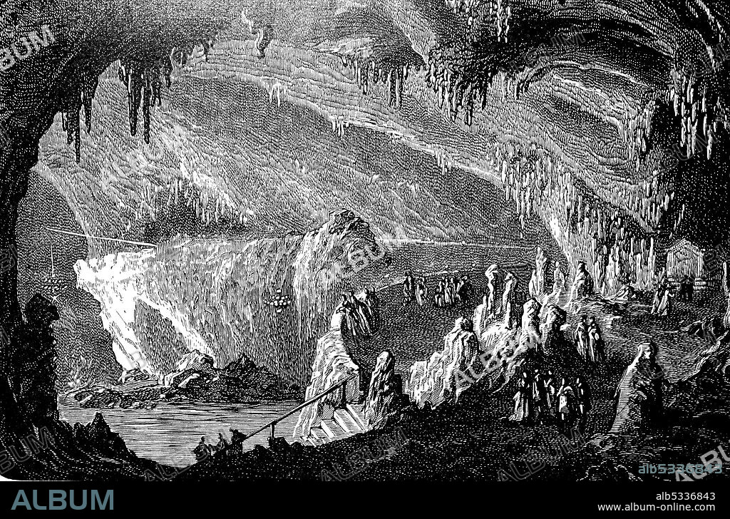The Adelsberg Cave, Postojna Caves, stalactite cave in Slovenia, 1875  /  Die Adelsberger Grotte, Höhlen von Postojna, Tropfsteinhöhle in Slowenien, 1875, Historisch, historical, digital improved reproduction of an original from the 19th century / digitale Reproduktion einer Originalvorlage aus dem 19. Jahrhundert,.